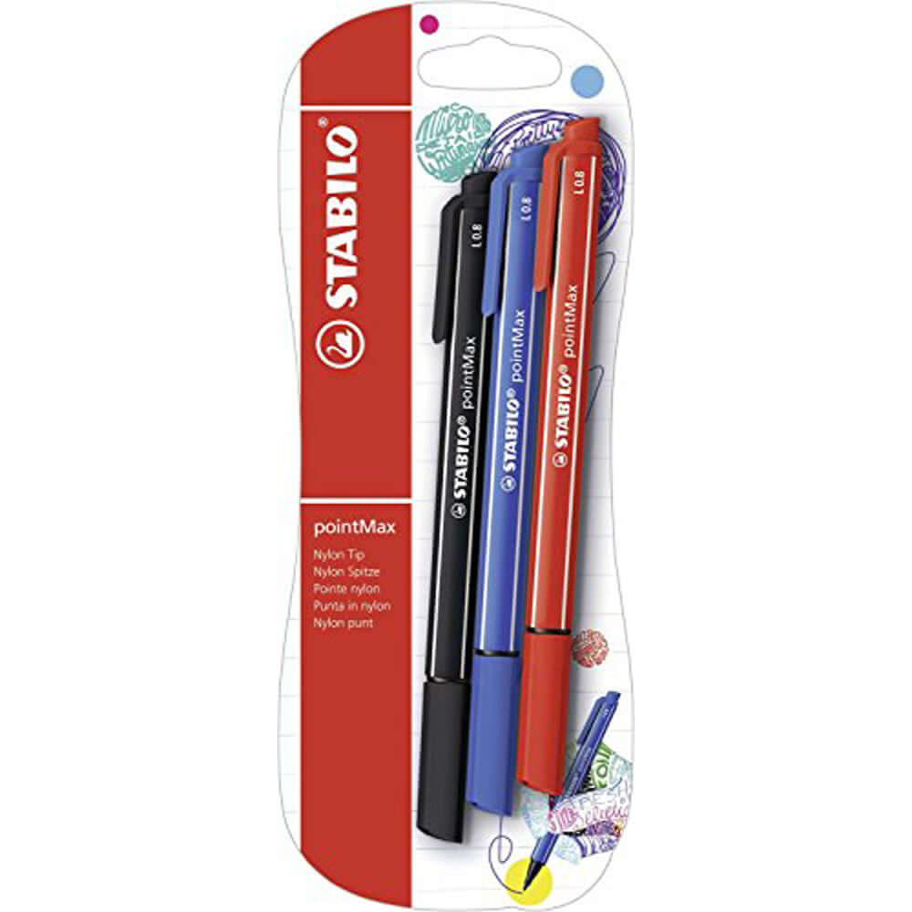 Fineliner Stabilo PointMax, 0.8 mm, 3 culori/blister, ultramarin, negru, carmin Fineliner Stabilo PointMax, 0.8 mm, 3 culori/blister, ultramarin, negru, carmin
